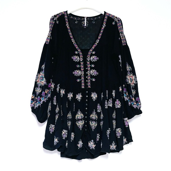 Free People Arianna Tunic Top Black Babydoll Embroidered Boho XS Gauzy Festival - Picture 3 of 16